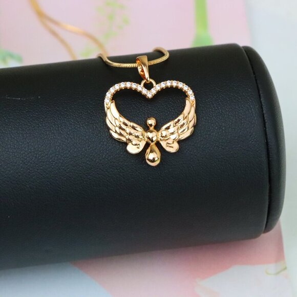 "Rose Gold Heart Pendant with Angel Wings and Crystal Accents, XPPT1251 - Picture 2 of 12